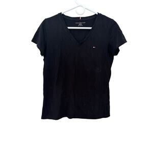 Tommy Hilfiger Preppy  V Neck Women's Tee Shirt Sz XS Black Short Sleeve